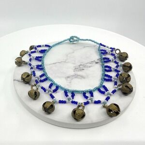 Jingle Bell Anklet Blue Seed Bead Dangle Foot Jewelry Tribal Festival Accessory